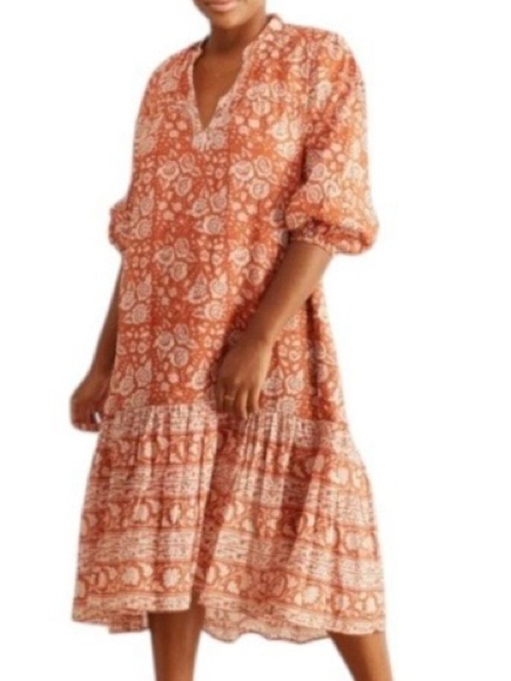 Cleobella Sara Terracotta Floral Midi Tiered Puff Sleeve Summer Dress M Boho